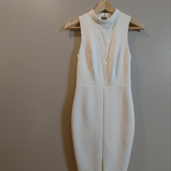 Guess High Neck Sleeveless Pencil Dress Ivory Off White Scuba Knit Sequin Size 4 - Picture 3 of 15